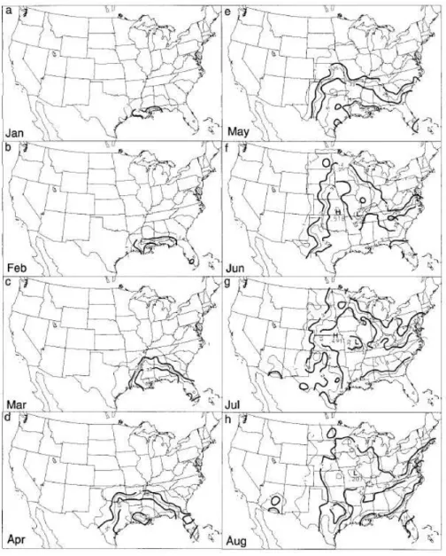Fig. 4. Frequency (events year −1 ) of 1 inch (25.4 mm) h −1 or larger rainfall totals for each month, objectively analyzed to a regular grid from the hourly precipitation stations
