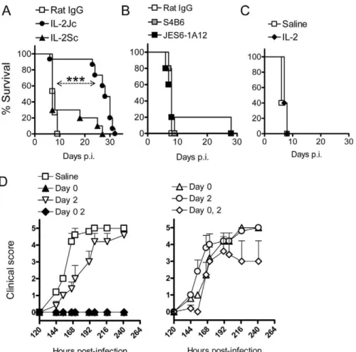 Figure 2. IL-2/anti-IL-2 complex protects against ECM. A) C57BL/6 mice (n = 10–15) were infected with PbA, and treated on day 0 p.i