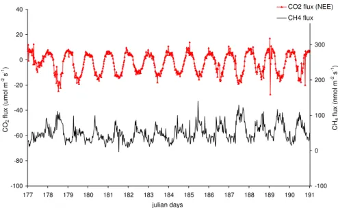 Fig. 8. Graph of CH 4 flux data series over a two week period in the summer of 2006, combined with CO 2 flux (NEE) data series over the same period.