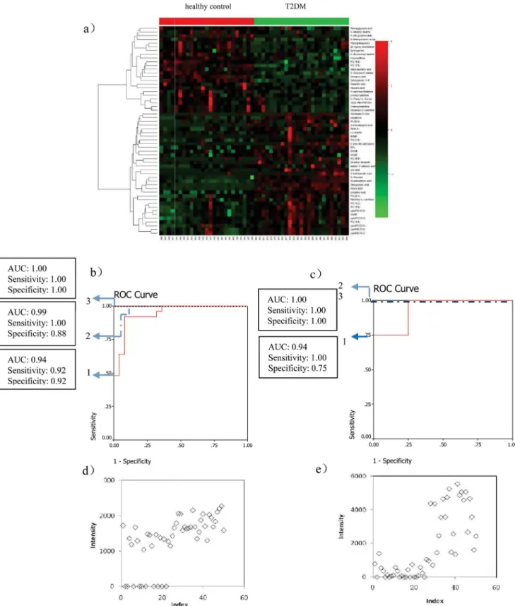 Fig 2. Comparison of metabolomic profiles from T2DM patients vs healthy controls. (a) Heat-map of fold change of 56 differential metabolites; (b) Discrimination of T2DM in the training set using Linolenic Acid (1), deoxycholic acid (2), and the combination