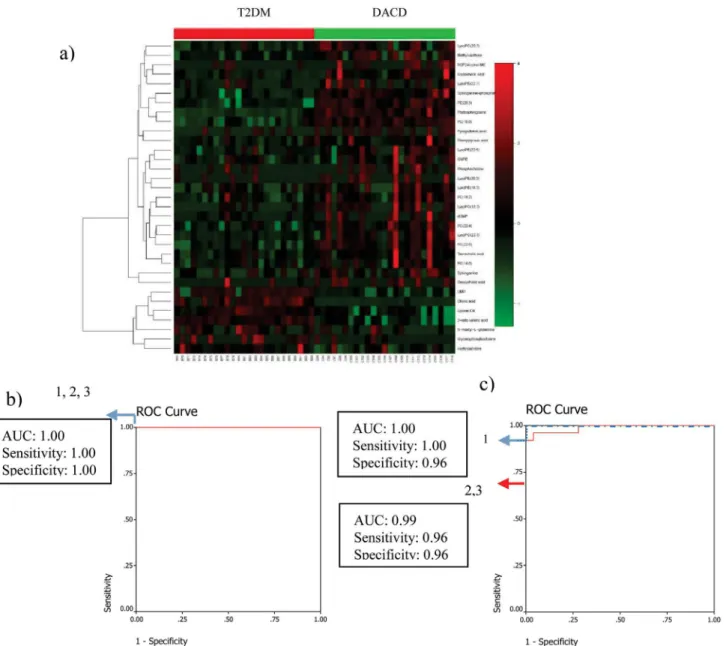 Fig 4. Comparison of metabolomic profiles from T2DM vs DACD patients. (a) Heat-map of fold change of 33 differential metabolites; (b) Discrimination T2DM from DACD in the training set using phytosphingosine (1), sphinganine-phosphate (2), and the combinati