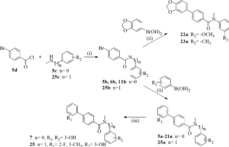 Fig 3. Synthesis of 1,4-Phenyl Derivatives 5a-23a, 25a, 7, 25. Reagents and conditions: (i) Et 3 N, CH 2 Cl 2 , room temperature, overnight; (ii) DME/EtOH/H 2 O (1:1:1), Cs 2 CO 3 , Pd(PPh 3 ) 4 , microwave irradiation (150°C, 150W, 20 min); (iii) BF 3 SM