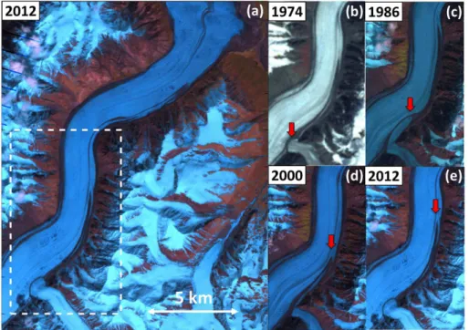 Figure 3. Spatial patterns of the looped moraines induced by the tributary surges shown in the Landsat images