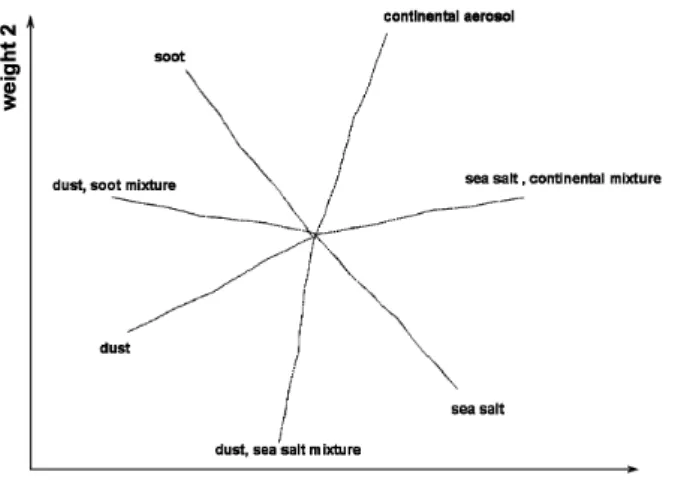 Fig. 7 Distribution of aerosol models in the space of first and second weights in perfect case 