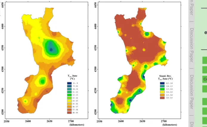 Fig. 2. Mean and standard deviation maps of simulations for the mean minimum temperature (T min ).