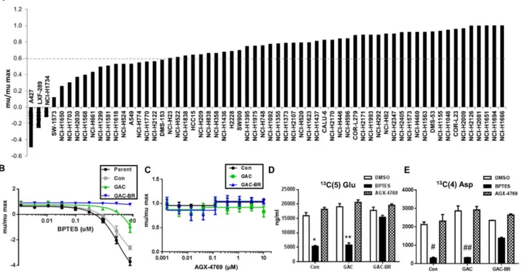 Fig. 1. Cell line panel screen and validation of BPTES as an on-target tool compound. (A) Sensitivity of a panel of NSCLC lines to inhibition of growth by 10 mM BPTES in a 72 hr proliferation assay