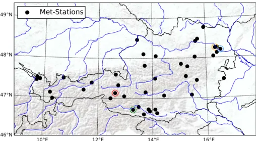 Figure 1. Location of the meteorological stations used for calibration; coloured circles around points indicate stations that are exemplary displayed in other plots: Grossenzersdorf (blue), Weissensee_Gatschach (green), Rudolfshuette-Alpinzentrum (red) and