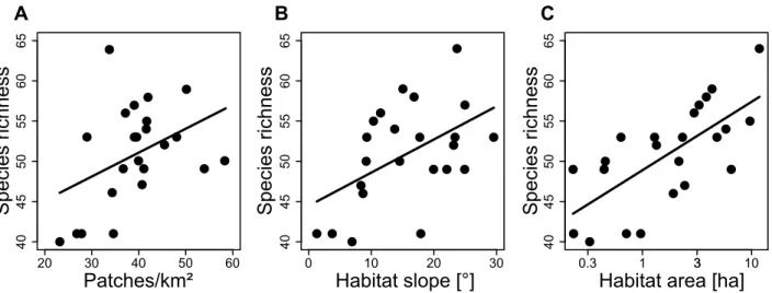 Figure 3. Factors affecting total wild bee richness. Relationship between patch density (A), habitat slope (B) and habitat area (C) and total wild bee richness