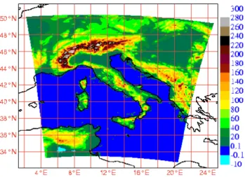 Fig. 2. Integration domain used for the simulations at 7 km of hori- hori-zontal resolution (top panel) and at 2.8 km of horihori-zontal resolution (bottom panel).