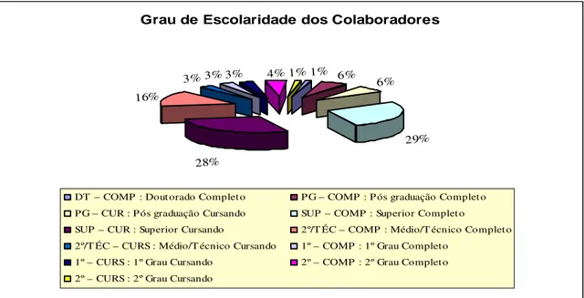 Gráfico 1: Grau de escolaridade dos colaboradores  Fonte: Folha Gerencial da Empresa 