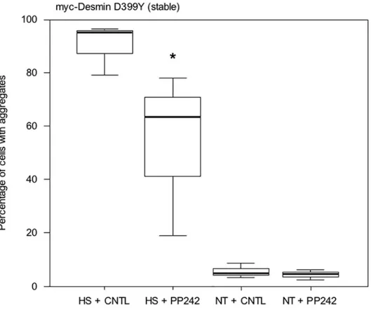 Fig 5. PP242 reduces aggregation in stressed C2C12 cells stably expressing the myc-Desmin mutant D399Y