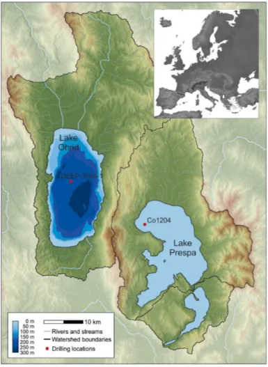Figure 1. Map showing the drilling sites (red circles) in lakes Ohrid (DEEP-5045-1) and Prespa (Co1204).
