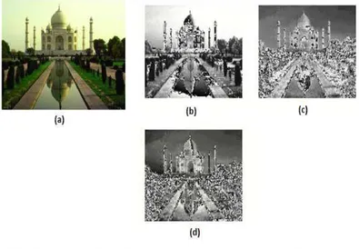 Fig 6.  a) The original image          b) intensity conspicuity map  c) saturation conspicuity map       d) saliency map: 