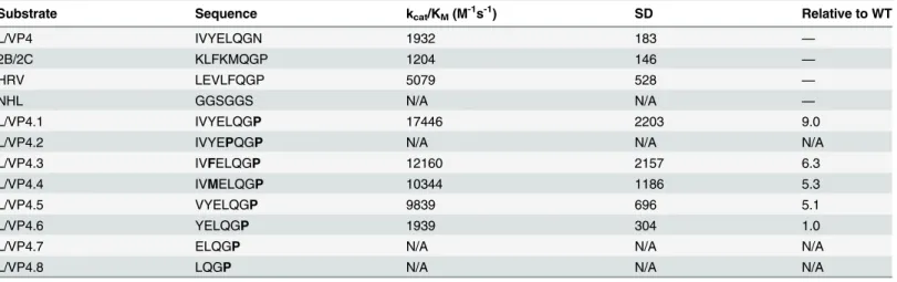 Table 1. Summary of second order rate constants (k cat /K M ) for the two endogenous substrates, controls and L/VP4 amino acid substitution/trunca- substitution/trunca-tion mutants.