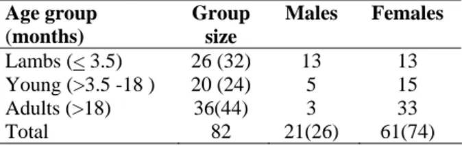 Table 1: Parameters of affected Afghan (Bulkhi)  sheep flock  Age group  (months)  Group size  Males Females  Lambs (&lt; 3.5)  26 (32) 13 13  Young (&gt;3.5 -18 )  20 (24)  5  15  Adults (&gt;18)  36(44)  3  33  Total 82  21(26)  61(74) 