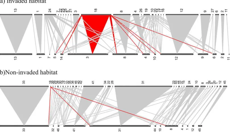 Fig 3. One of the pairs of pollen transfer networks from invaded (top) and non-invaded habitats (bottom)