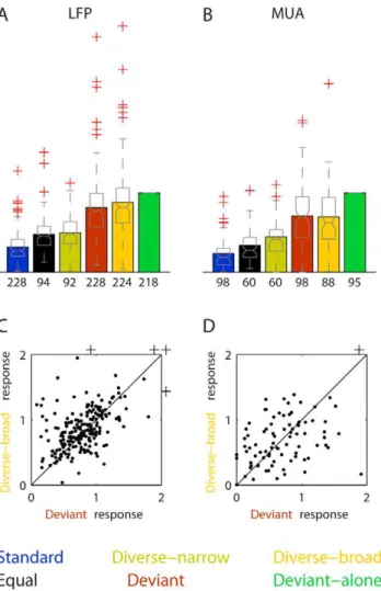 Figure 4. Typical responses to all conditions (Df = 44%). A. Responses of LFP and MUA recorded at the same site as Figs