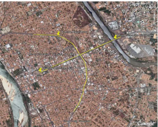 FIGURA 1 - Imagem destacando as Avenidas frei serafim e Miguel Rosa  Fonte: Imagem Google Earth e destaques da autora 