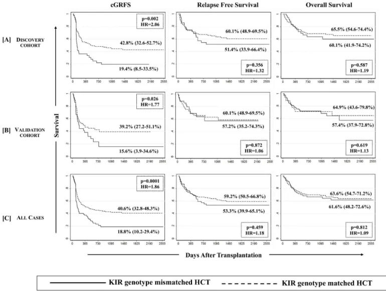 Fig 5. Effect of KIR genotype matching on the survival outcomes. Estimates of cGVHD &amp; relapse free survival (cGRFS, left panel), relapse-free survival (RFS, middle panel) and overall survival (OS, right panel) are presented across discovery [A], valida