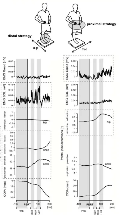 Fig 2. Neuromuscular and kinematic responses of one subject (top) during posterior (left) and lateral (right) perturbation