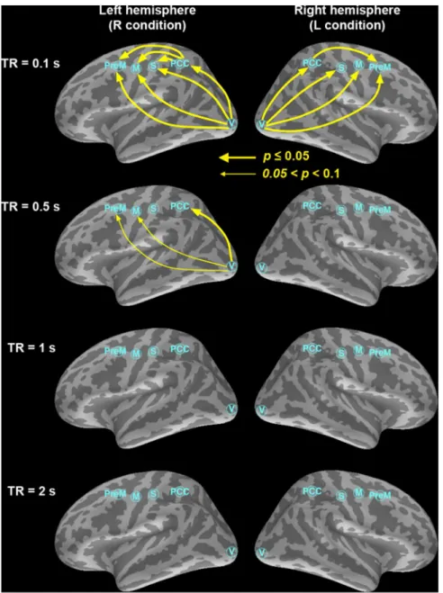 Figure 2. The dominant information flow calculated from the difference between two uni-directional Granger estimates among the visual (V), PPC, premotor (PreM), somatosensory (S), and motor (M) cortex ROIs at TR = 0.1 s, 0.5 s, 1 s, and 2 s