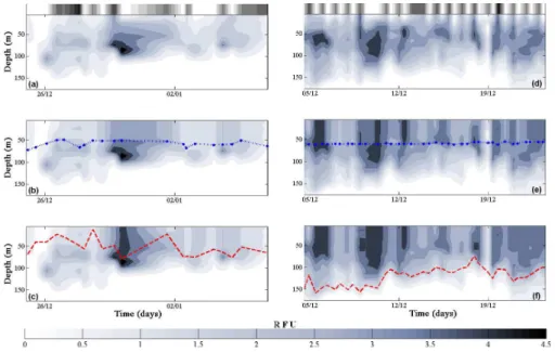 Fig. 4. Sections of quenched fluorescence collected by animal-borne fluorometers, corrected using either the depth of the euphotic zone or the depth of the mixed layer