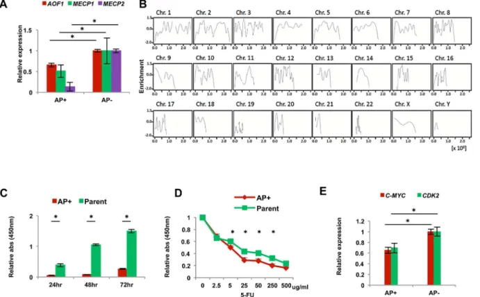 Fig 5. Phenotype of reprogrammed AP + and AP - cancer cells. A) Relative qRT-PCR expression of epigenetic regulators AOF1, MECP1 and MECP2 in AP + cells compared with AP − cells (n = 3)
