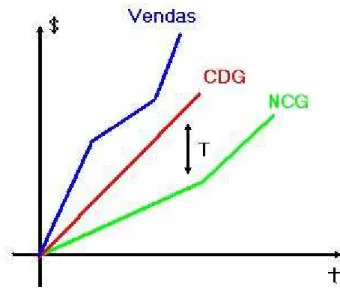 Figura 2: Caso 1 – NCG, VENDAS, CDG, T  Fonte: Brasil e Brasil (1997) – adaptado 