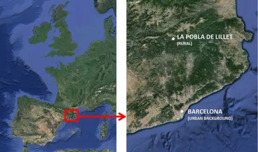 Figure 1. Location of the urban background sampling site in Barcelona and the rural sampling site in La Pobla de Lillet in the Pyrenees.