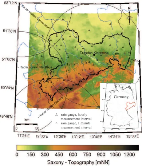 Fig. 1. Investigation area covered by the radar station Dresden-Klotzsche and adjacent stations of Bavaria, Thuringia, Saxony-Anhalt and 1-min as well as hourly gauge data