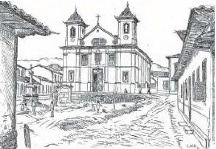 Figura  205: Desenho de José Wasth Rodrigues da Catedral de Mariana, MG, apresentado em artigo  de  Kneese  de  Mello  sob  o  título  de A  arquitetura  colonial  e  José  Wasth Rodrigues