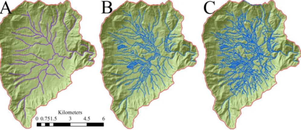 Fig. 2. Multiple river system and infrastructure model configurations within the Haean catchment which, contribute to surface discharge accumulation and flow routing