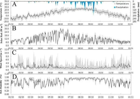 Fig. 3. Meteorologic variability and average daily value of each variable throughout the Haean catchment for 2010