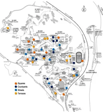 Figure 4. Experimental Sites Distribution in CUHK Campus,  and Categories of 40 Selected Points 