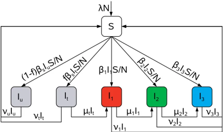 Figure 1. Flow Diagram of the Compartmental Model Describing Gonorrhea Transmission within a Homogenous Core Group