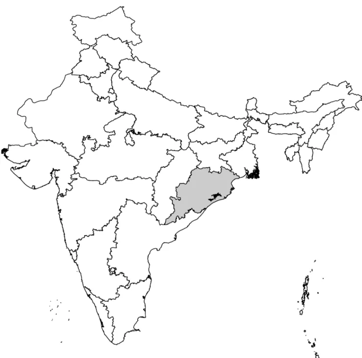Figure 1. Map of India. The location of Orissa state (shaded gray) and Khurda District (shaded black) are indicated.