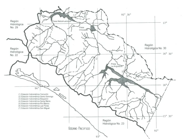 Figura 1. Locallización geográfica de las siete cuencas procesadas del alto río Grijalva 1 24 TrTrRP=Pvalores extremos (máximo y mínimo) dos veces y con 