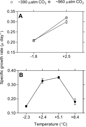 Fig. 1. Specific growth rate (µday-1) during 14 days of treatment. (A) Interaction in Experi- Experi-ment A