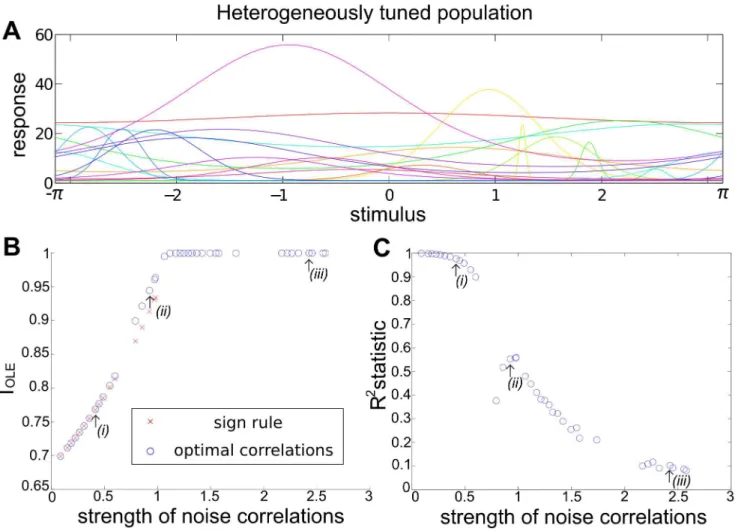 Figure 4. Heterogeneous neural population and violations of the sign rule with increasing correlation strength