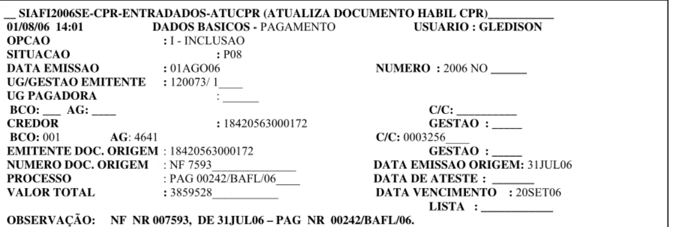 Fig 10.  2ª Tela: Cadastro dos Dados Bancários no CPR  Fonte: SIAFI 