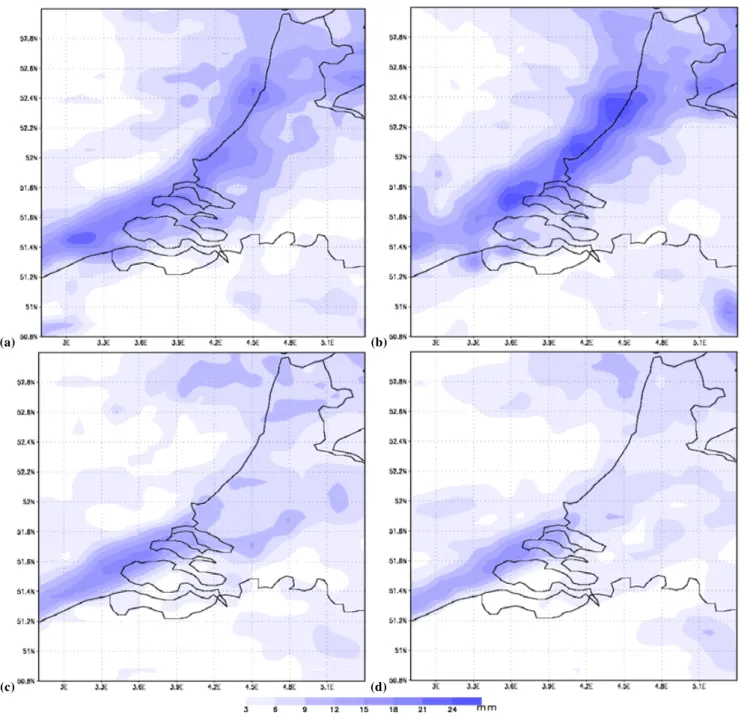Fig. 10. Accumulated precipitation amounts (mm), produced by simulation 2 (a), 3 (b), 4 (c) and 5 (d) over the time period between 12 August 2004 12:00 UTC and 13 August 2004 12:00 UTC