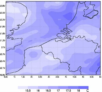 Fig. 8. Potential temperature ( ◦ C) above the southern North Sea at 40 m on 13 August 2004 03:00 UTC, as calculated by MM5.