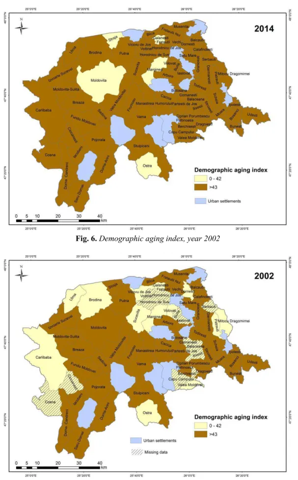 Fig. 6. Demographic aging index, year 2002 
