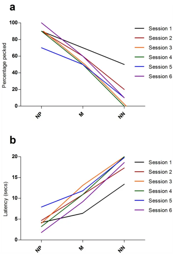 Fig 3. Pattern of responses to ambiguous probe cues across the 6 test sessions in the screen-peck task.