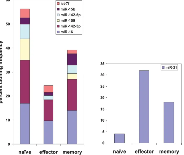 Figure 1. Distribution of the seven highly expressed miRNAs in the T cell subsets. The cloning frequency of each miRNA is shown as a percentage of total miRNA clones isolated for each T cell subset.