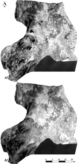 Figure  7.  Land  Surface  Temperatures  maps  of  2001  Landsat  7  ETM+ (a) 2014 Landsat 8 OLI/TIRS (b) imageries