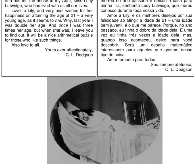 Figura 2 – Carta com desafio matemático (COHEN, 1979, p. 184) 6  e foto (sem data) de autoria de  Lewis Carroll apresentando Mary MacDonald (Princeton University Library, 2008)