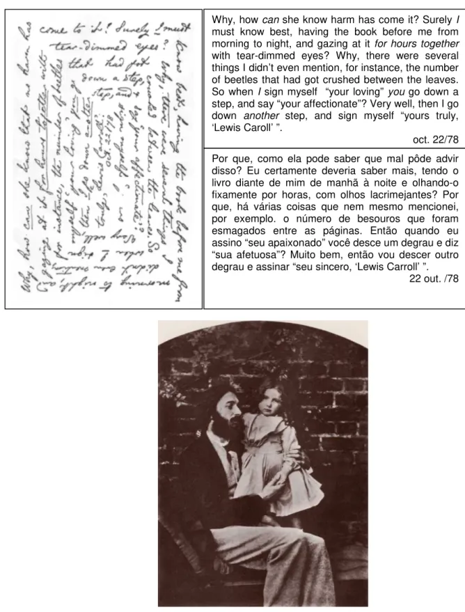 Figura 3 – Carta labirinto (COHEN, 1998, p. 273) 7  e foto de autoria de Lewis Carroll (1863), que  mostra Agnes Hull, quando pequena, no colo do pai, Arthur Hughes (ZENO, 2008)