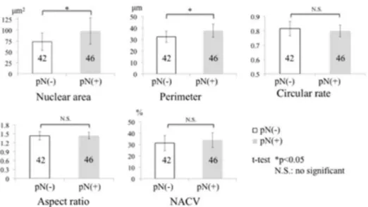 Fig. 3. Morphometry of pathologic nodal status, pN(+) and pN(2), in all cases of OSCC.