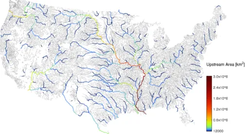 Figure 4. GF river network color coded by upstream drainage areas. Gray lines indicate the total upstream drainage areas less than 12 000 km 2 .